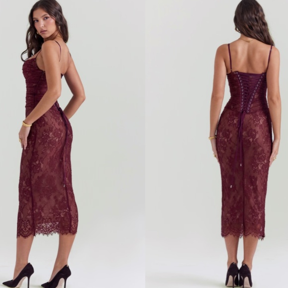 HOUSE OF CB 'Gaia' Claret Lace Midi Dress NWOT size L - Picture 4 of 14